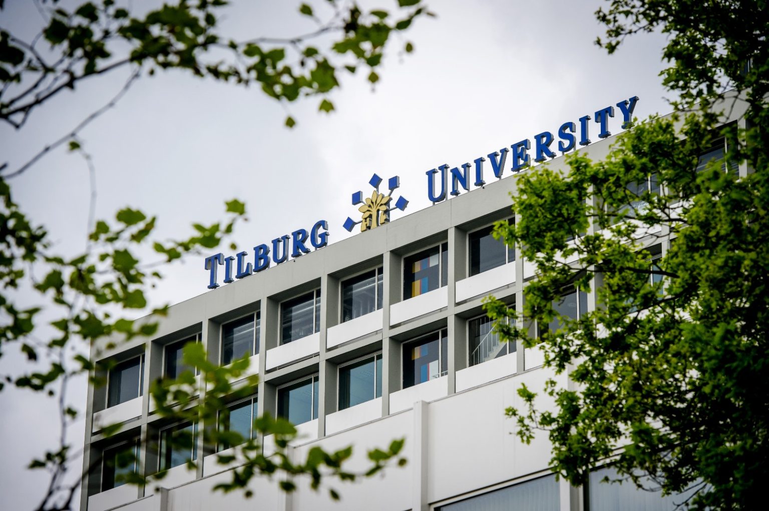 Logo bord van Tilburg Universiteit, Tilburg university met de blaadjes van bomen er omheen, plek waar geen walkouts plaats vonden